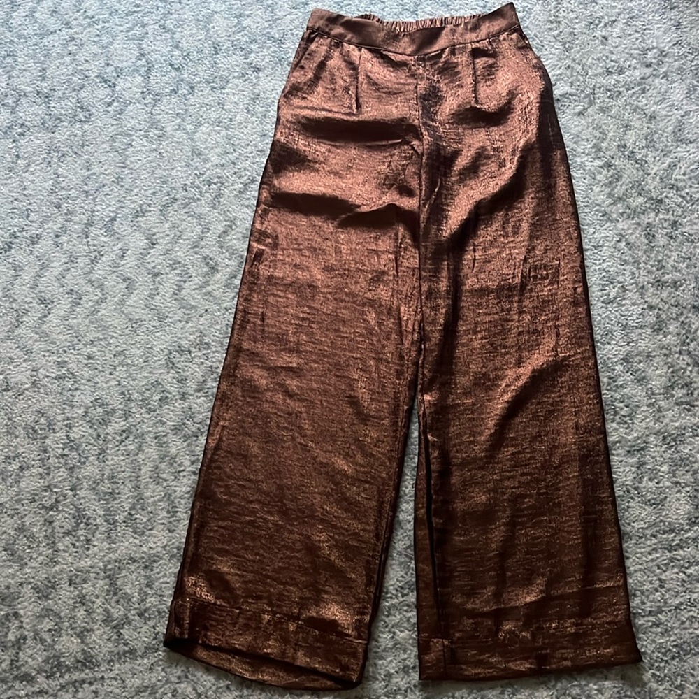 Shiny palazzo pants.